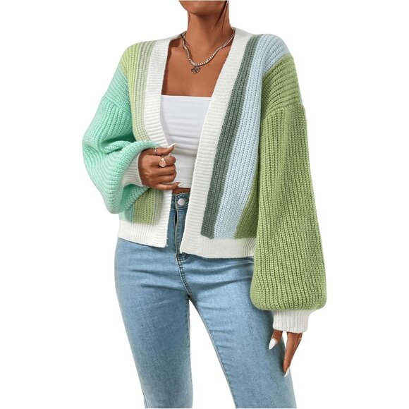 Women's Color Block Cropped Cardigan Ribbed Knit Long Sleeve Open Front - Picture 3 of 6
